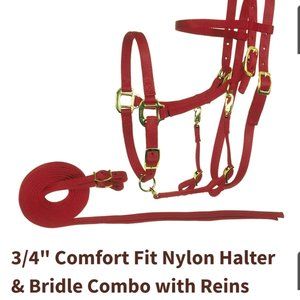 BLACK Nylon Halter/Bridle Combo + Reins + bit hangers NWT
